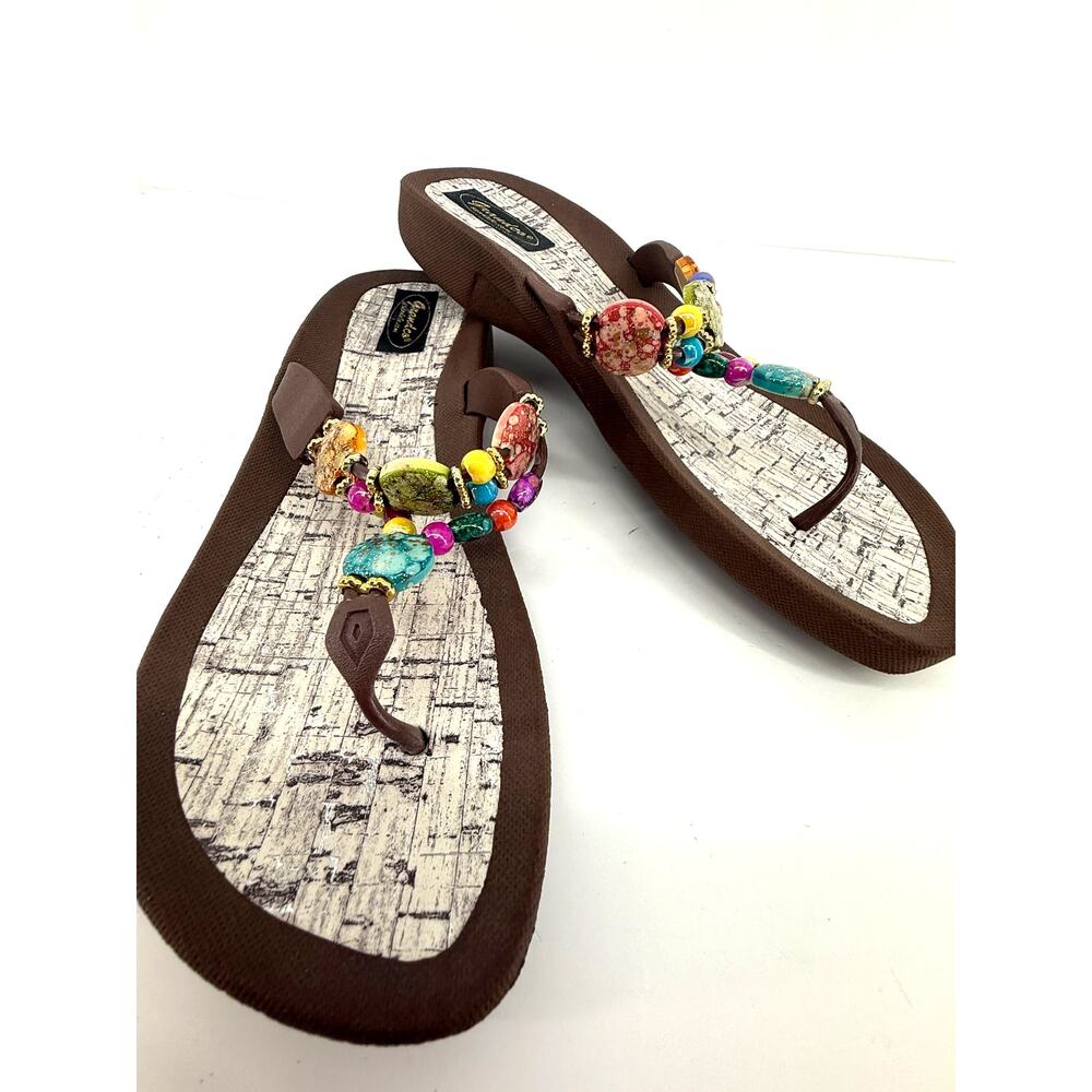 Grandco Jeweled Wedge Flip Flops Boho Colorful Beaded Cork Look Sandals 11